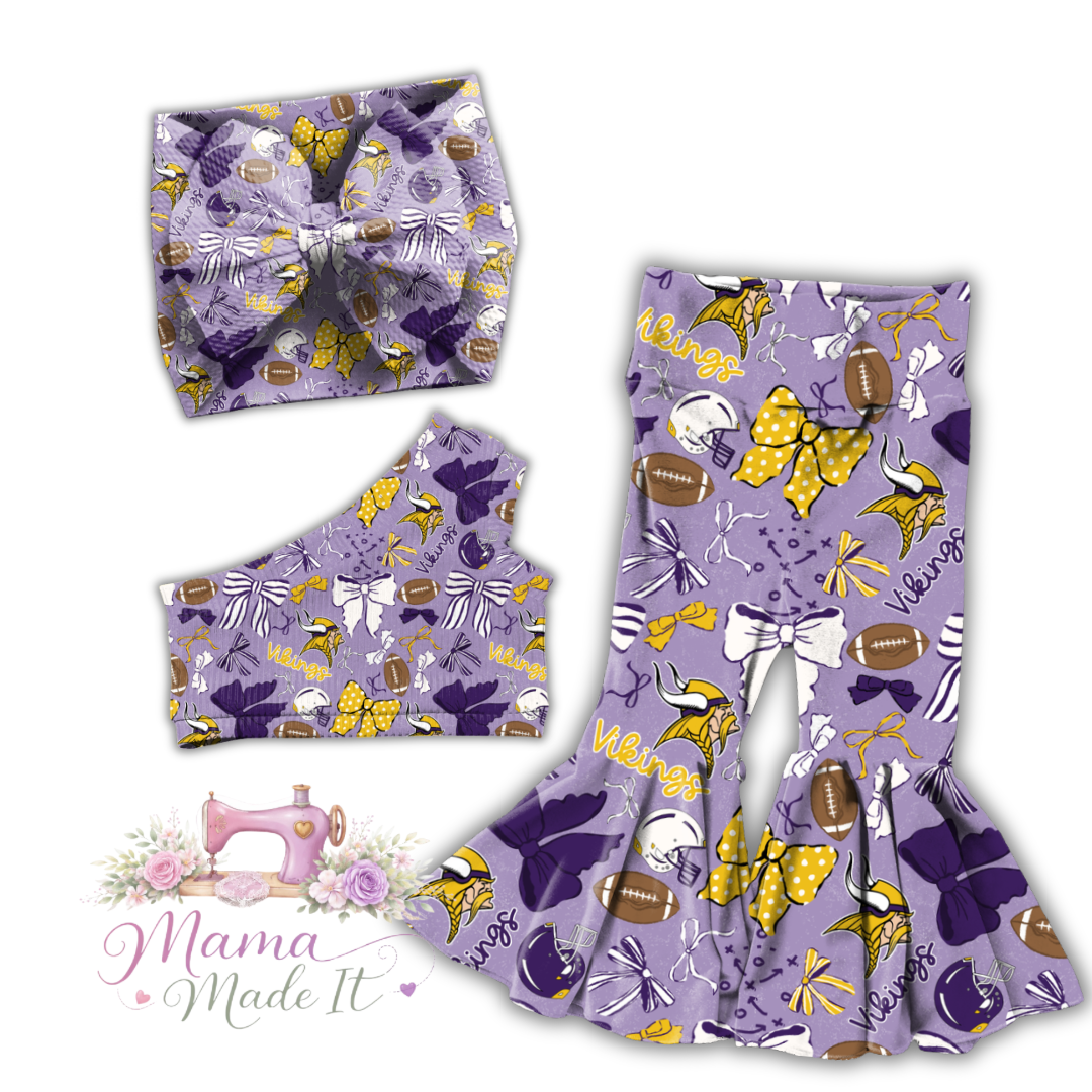 Vikings baby bummies, skirt, Headwrap or flare pants