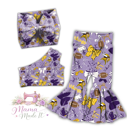 Vikings baby bummies, skirt, Headwrap or flare pants