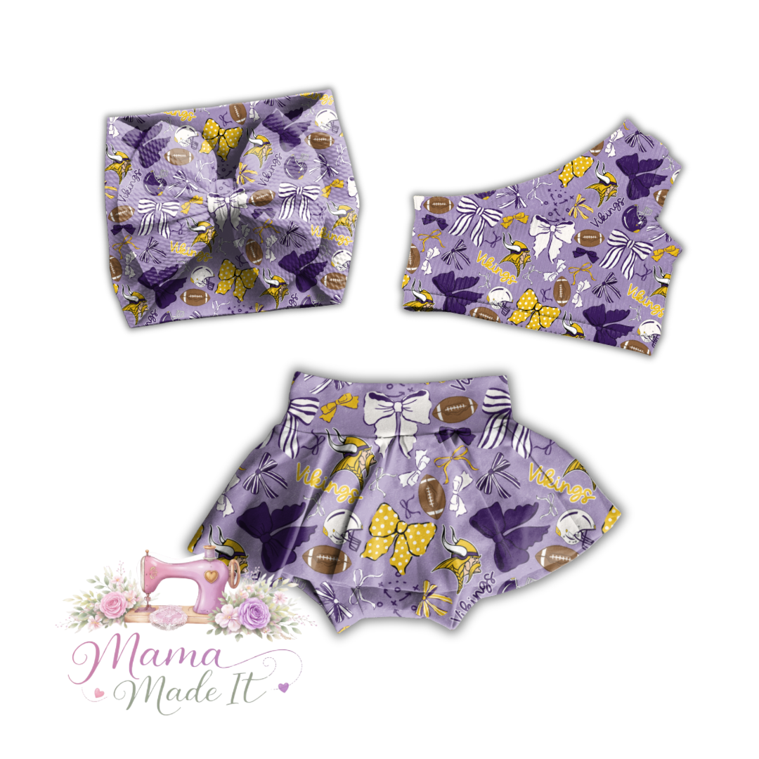 Vikings baby bummies, skirt, Headwrap or flare pants