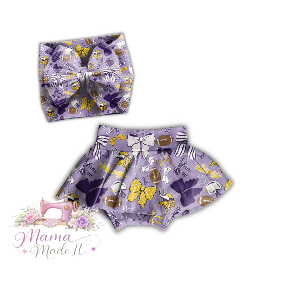 Vikings baby bummies, skirt, Headwrap or flare pants