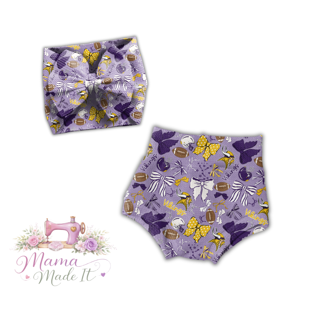 Vikings baby bummies, skirt, Headwrap or flare pants