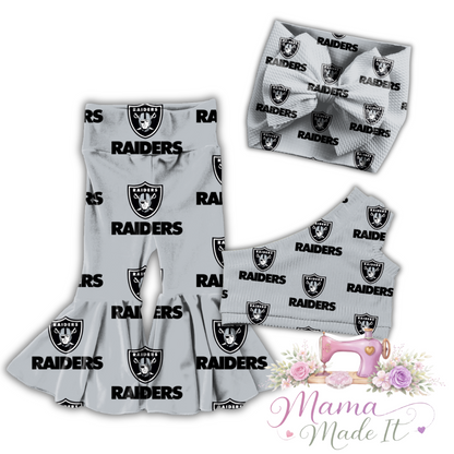Las Vegas Raiders baby bummies, skirt, Headwrap or flare pants