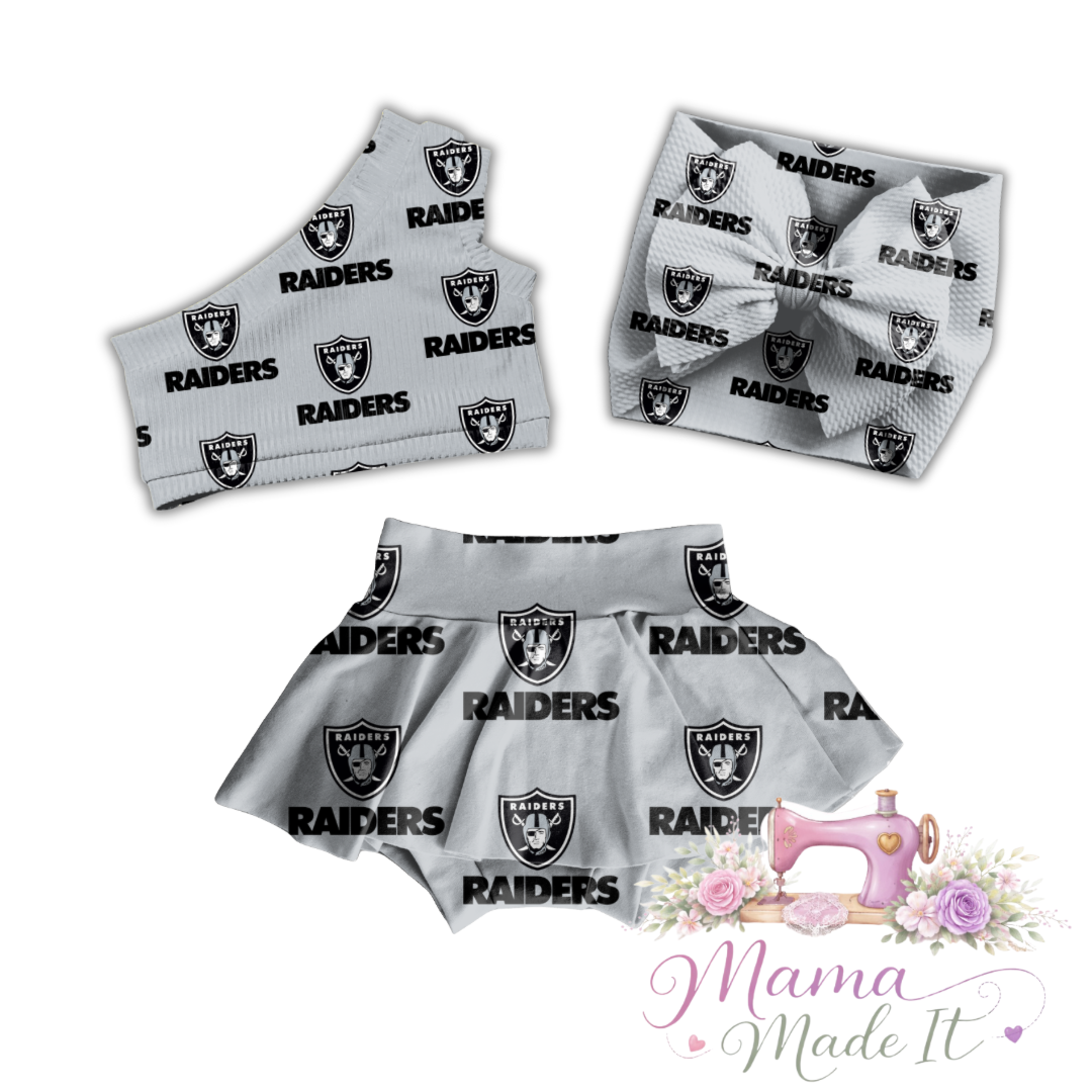 Las Vegas Raiders baby bummies, skirt, Headwrap or flare pants