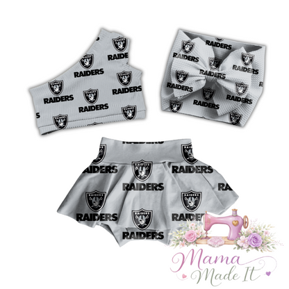 Las Vegas Raiders baby bummies, skirt, Headwrap or flare pants