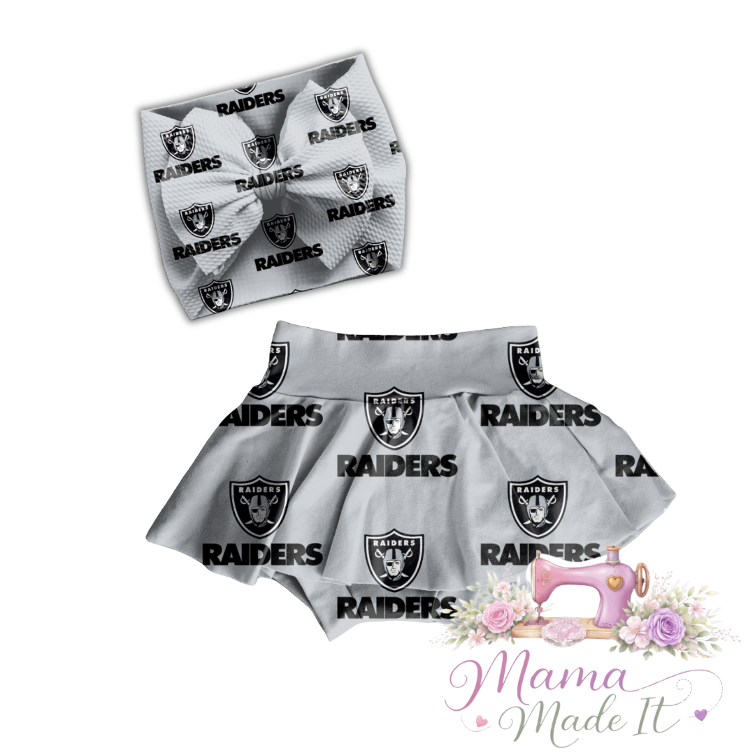 Las Vegas Raiders baby bummies, skirt, Headwrap or flare pants
