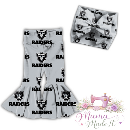 Las Vegas Raiders baby bummies, skirt, Headwrap or flare pants