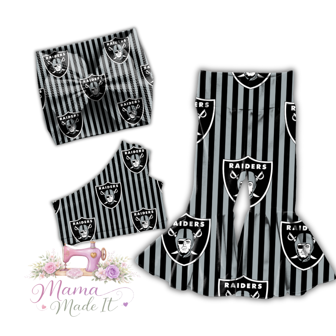 Las Vegas Raiders baby bummies, skirt, Headwrap or flare pants