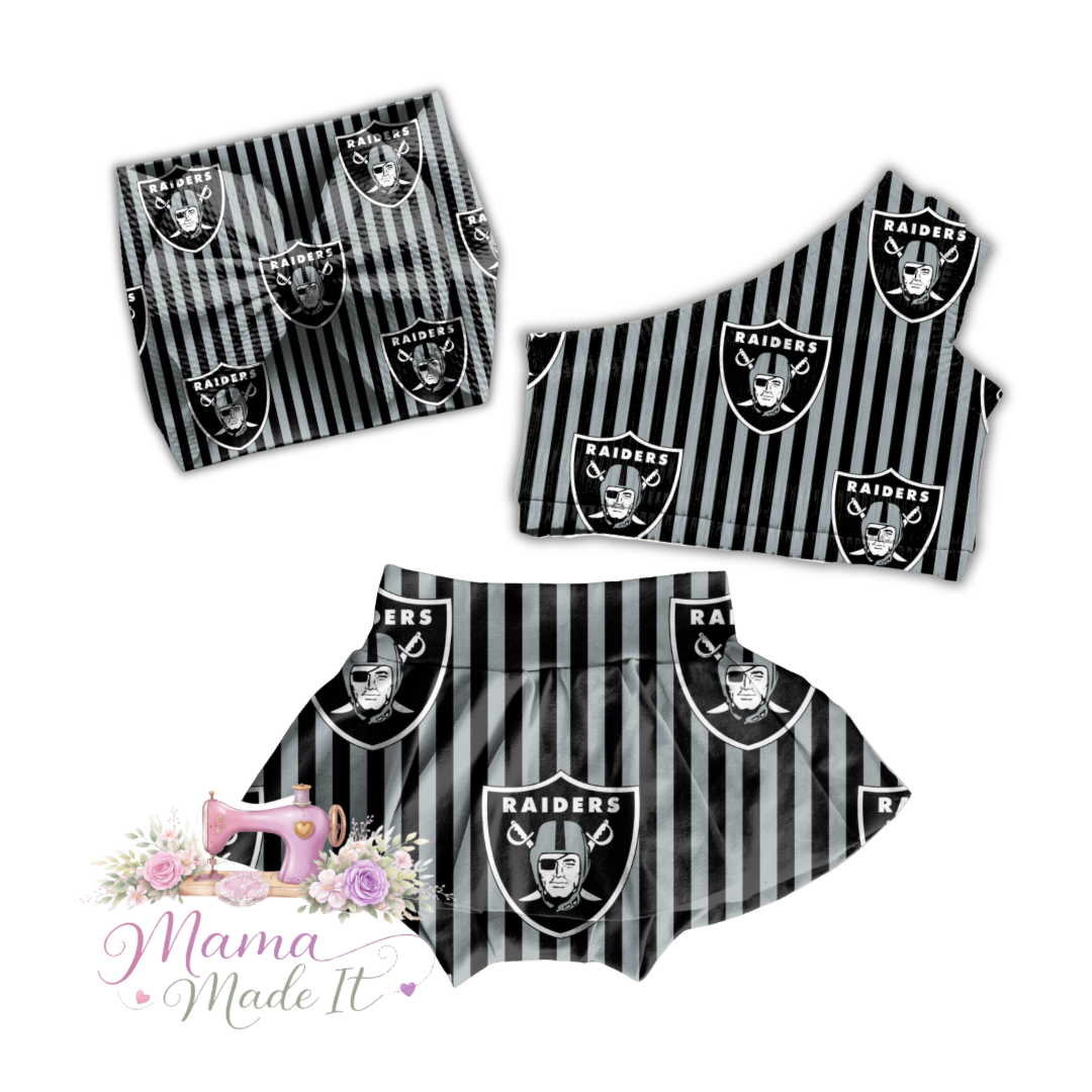 Las Vegas Raiders baby bummies, skirt, Headwrap or flare pants