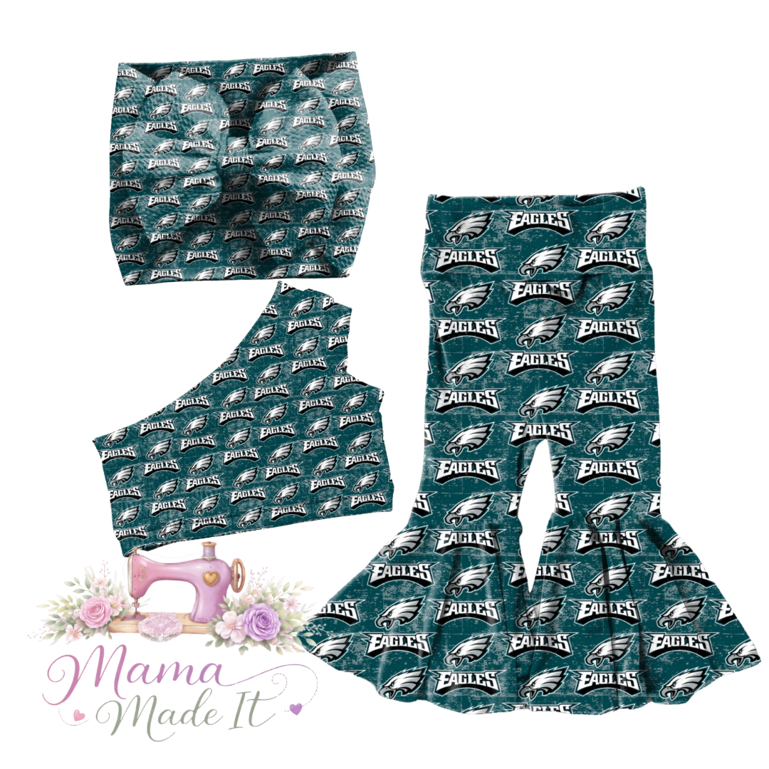 Philadelphia Eagles, baby bummies, skirt, flare pants or headwrap