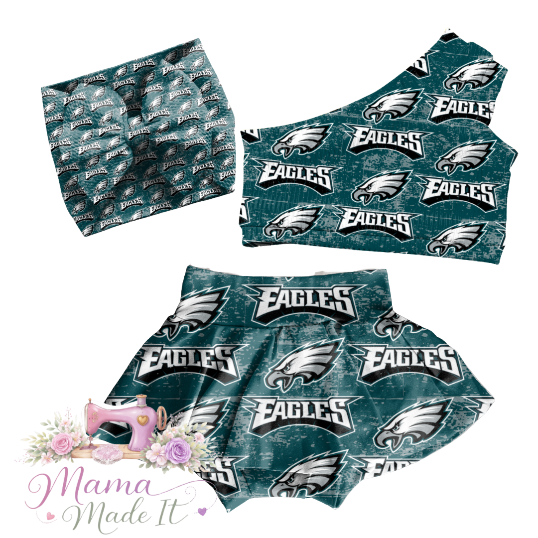 Philadelphia Eagles, baby bummies, skirt, flare pants or headwrap