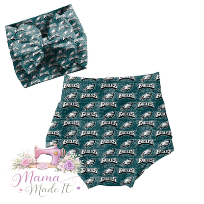 Philadelphia Eagles, baby bummies, skirt, flare pants or headwrap