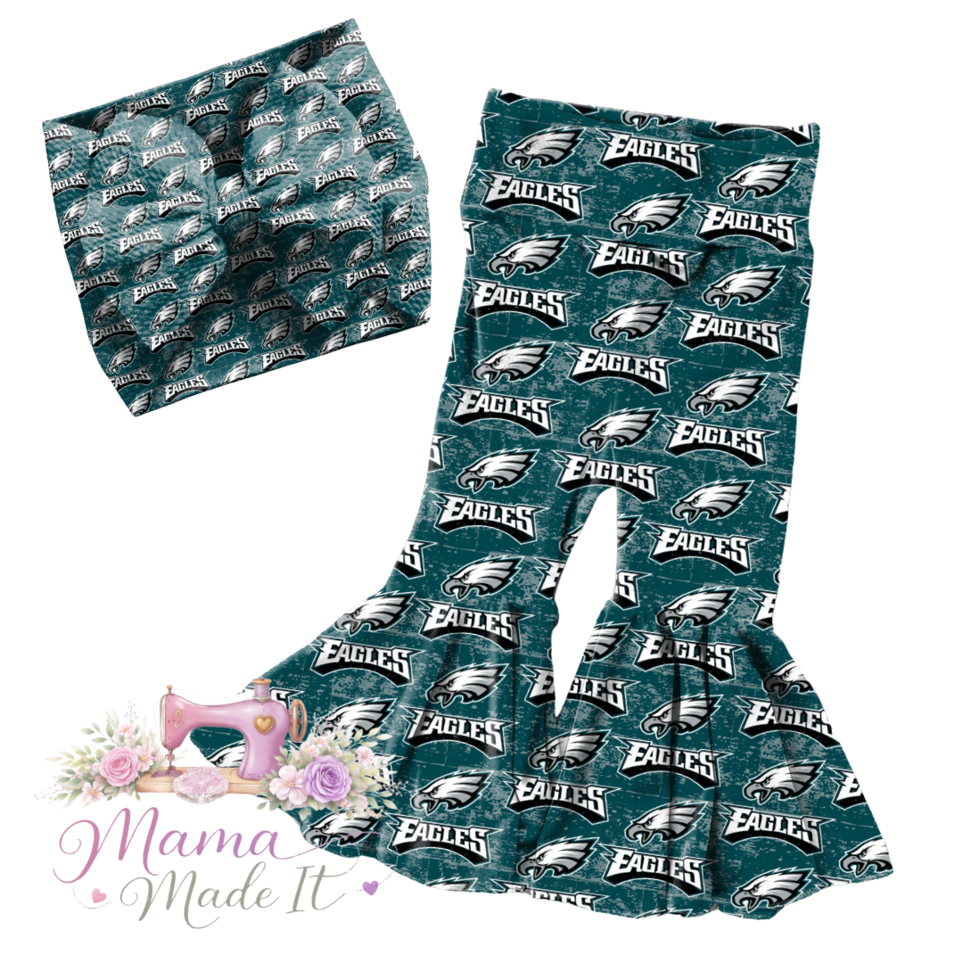 Philadelphia Eagles, baby bummies, skirt, flare pants or headwrap
