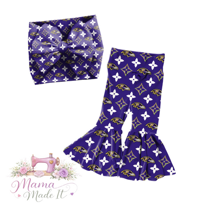Baltimore Ravens Boujee baby bummies, skirt, flare pants or headwrap