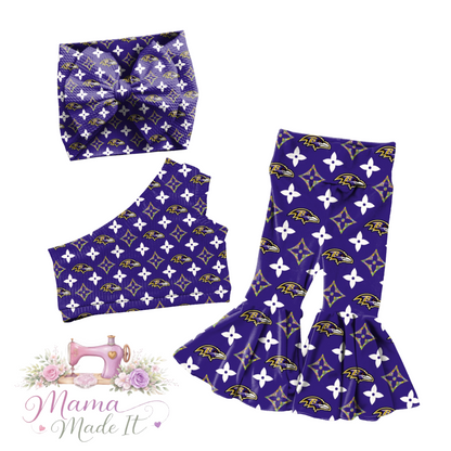 Baltimore Ravens Boujee baby bummies, skirt, flare pants or headwrap