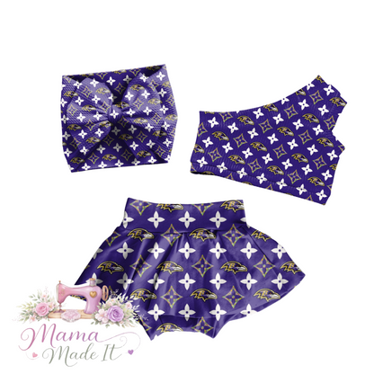 Baltimore Ravens Boujee baby bummies, skirt, flare pants or headwrap