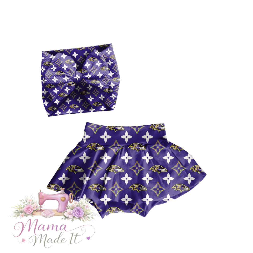 Baltimore Ravens Boujee baby bummies, skirt, flare pants or headwrap