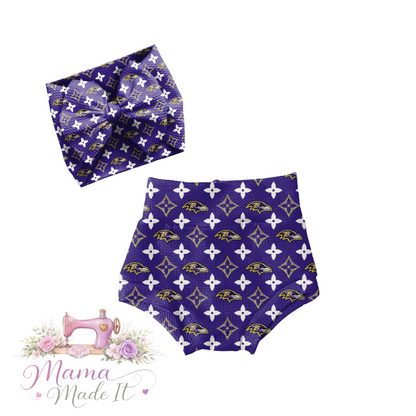 Baltimore Ravens Boujee baby bummies, skirt, flare pants or headwrap