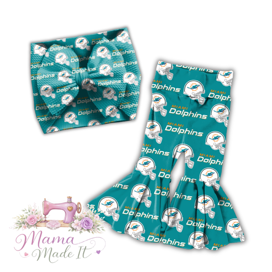 Miami Dolphins baby bummies, skirt, flare pants or headwrap