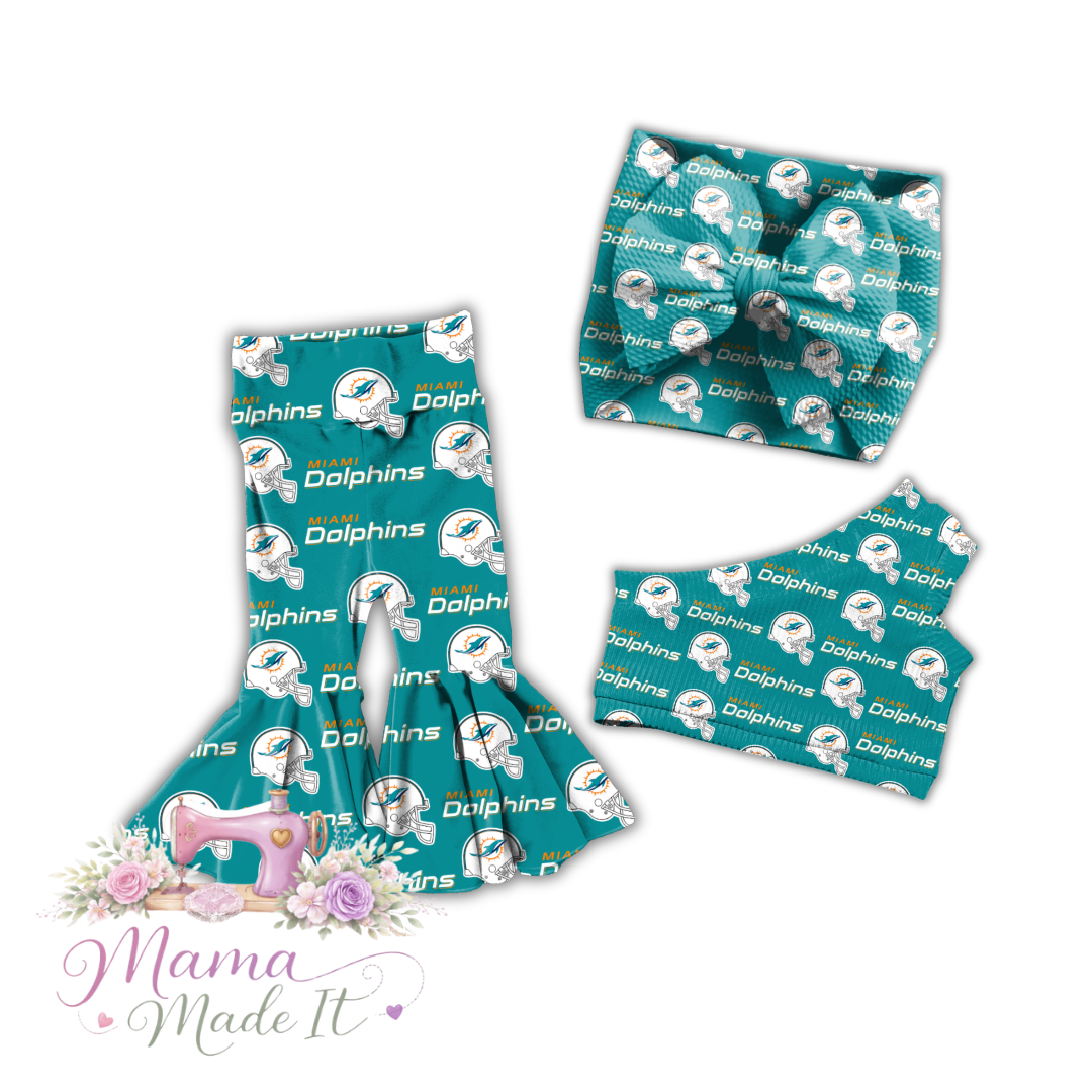 Miami Dolphins baby bummies, skirt, flare pants or headwrap