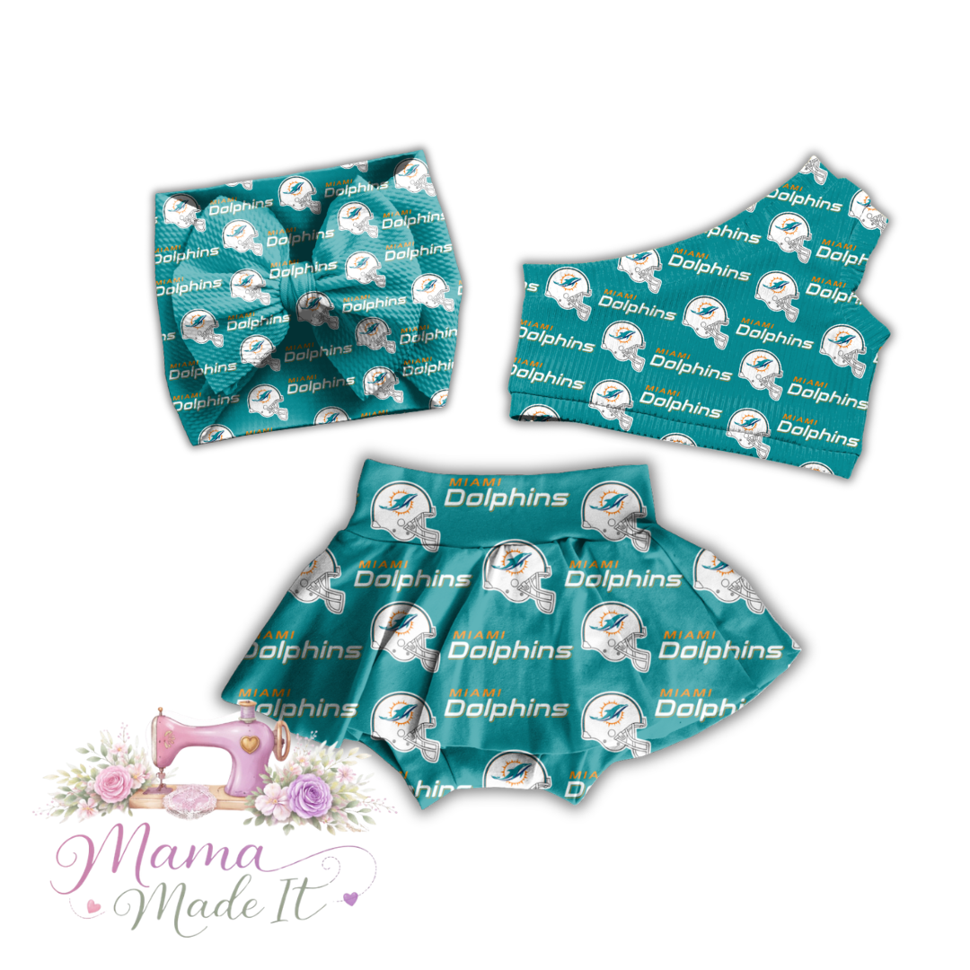 Miami Dolphins baby bummies, skirt, flare pants or headwrap