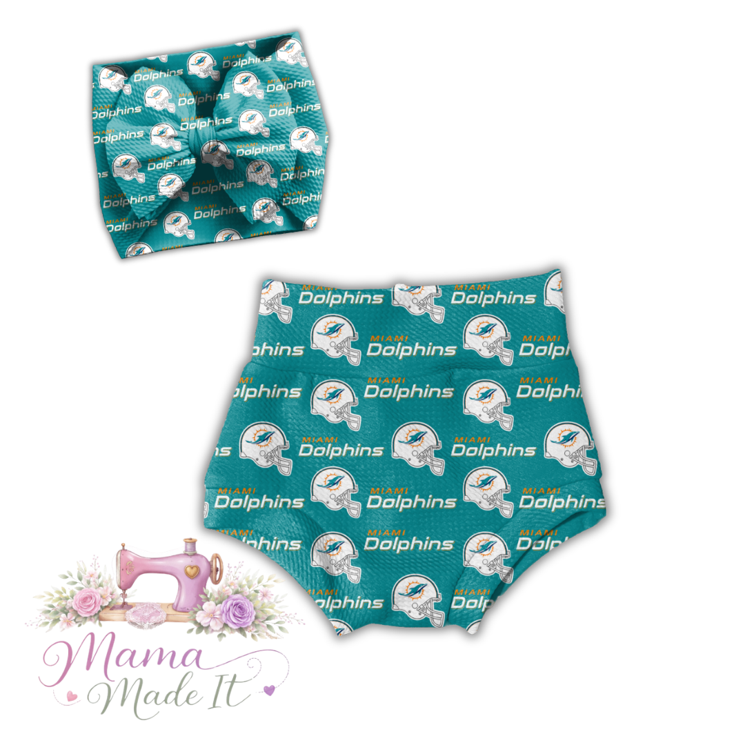 Miami Dolphins baby bummies, skirt, flare pants or headwrap