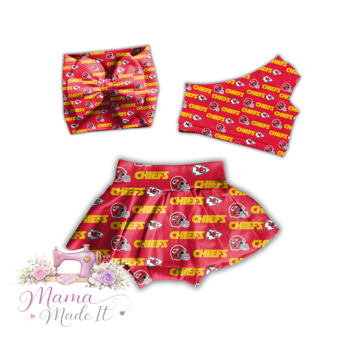 Kansas City Chiefs  baby bummies, skirt, Headwrap or flare pants