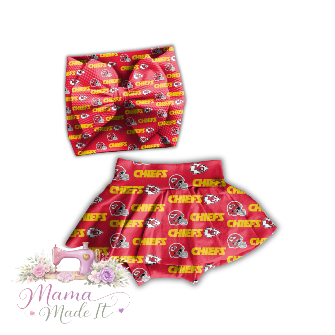 Kansas City Chiefs  baby bummies, skirt, Headwrap or flare pants