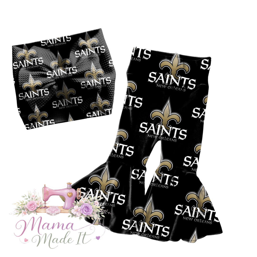 New Orleans Saints, baby bummies, skirt, flare pants or headwrap