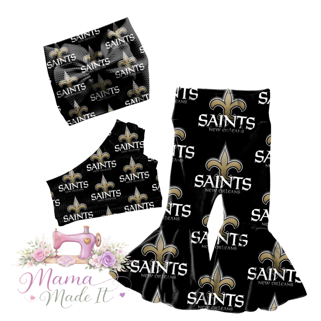 New Orleans Saints, baby bummies, skirt, flare pants or headwrap