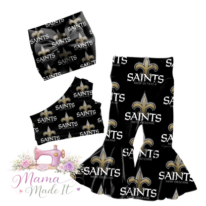 New Orleans Saints, baby bummies, skirt, flare pants or headwrap