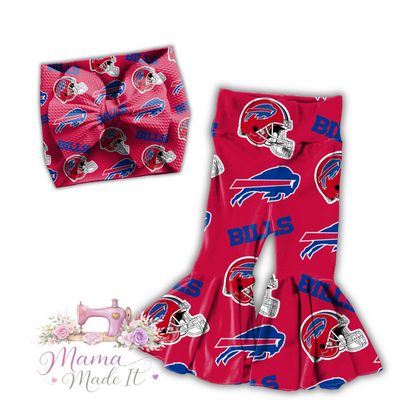 Buffalo Bills (Red) baby bummies, skirt, flare pants or headwrap