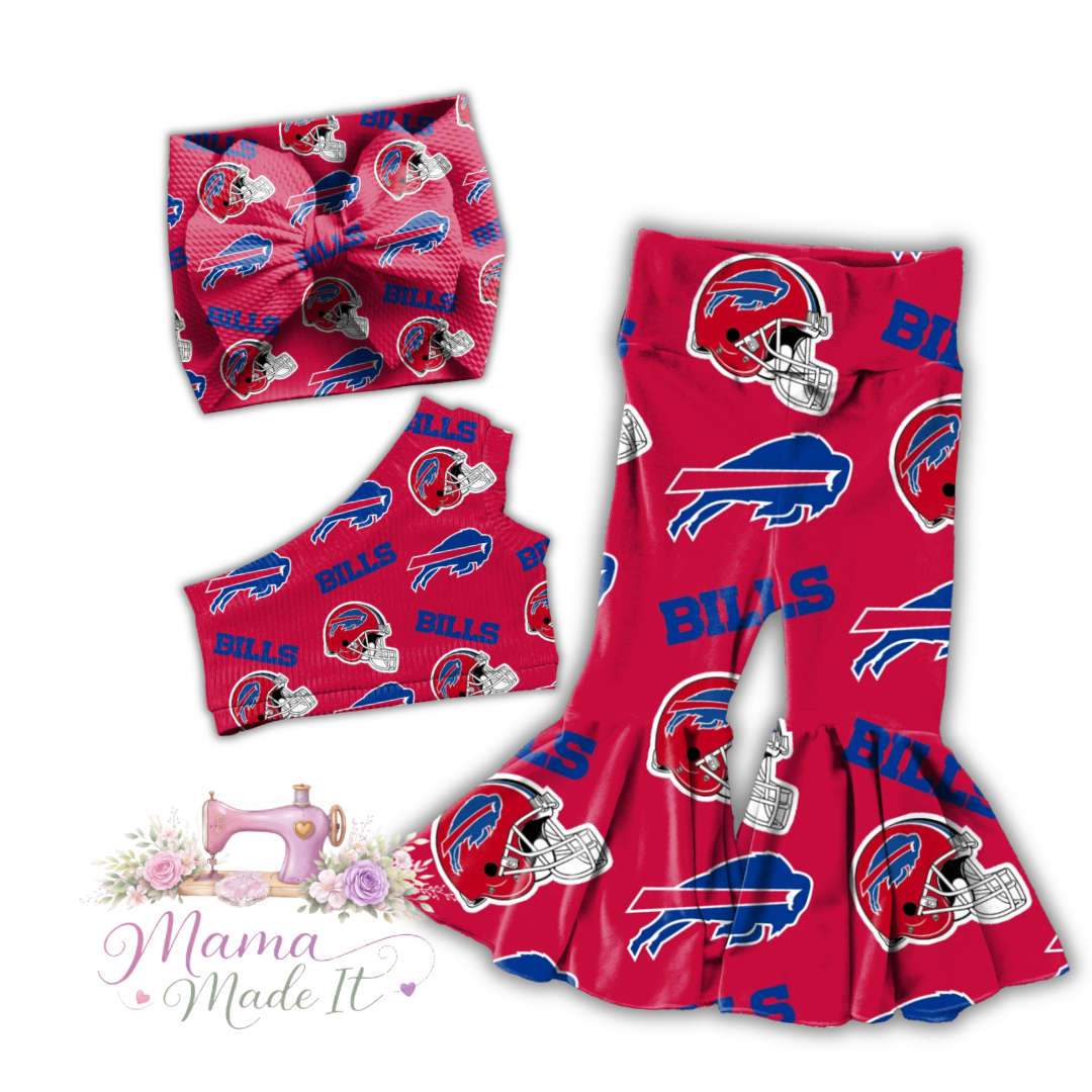 Buffalo Bills (Red) baby bummies, skirt, flare pants or headwrap