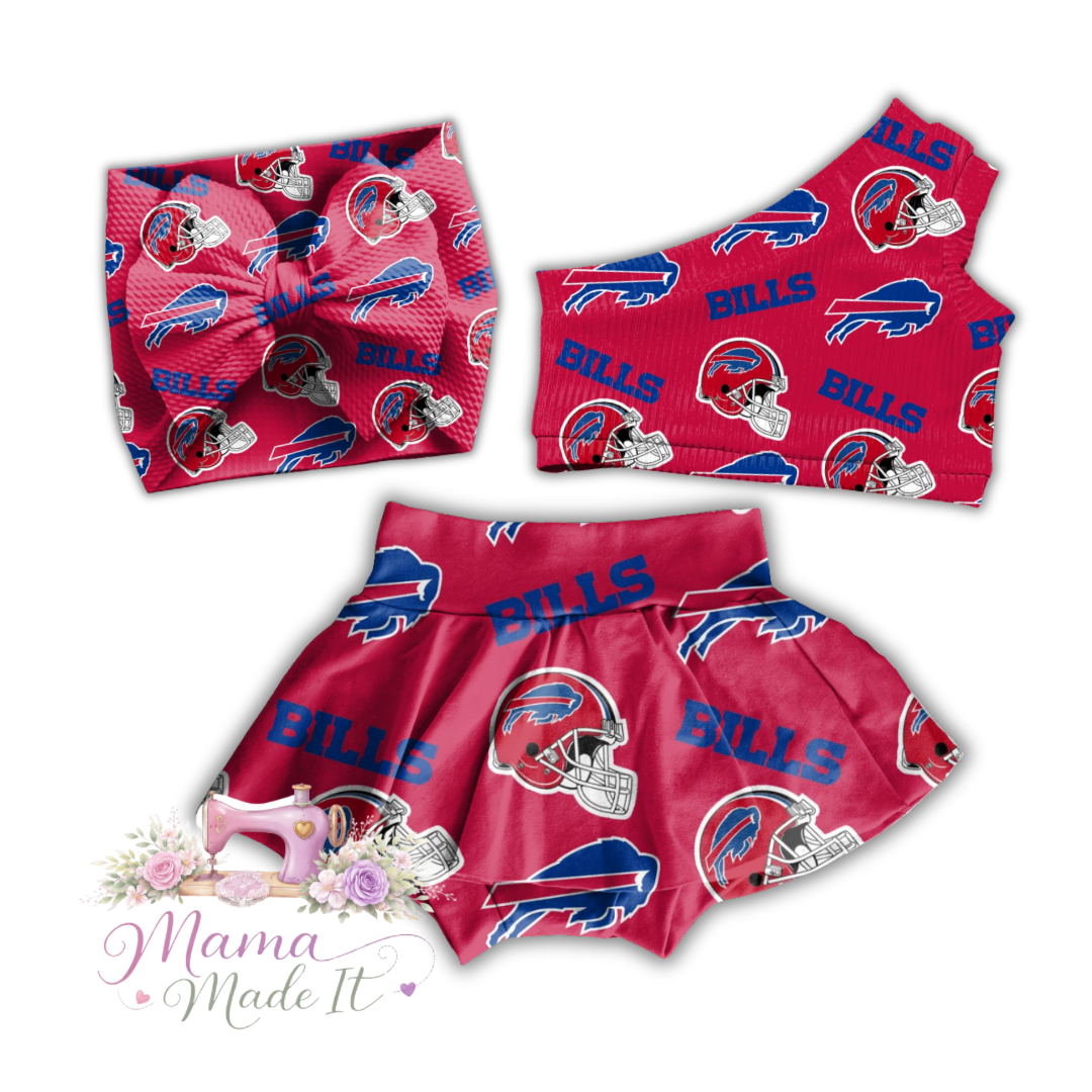 Buffalo Bills (Red) baby bummies, skirt, flare pants or headwrap