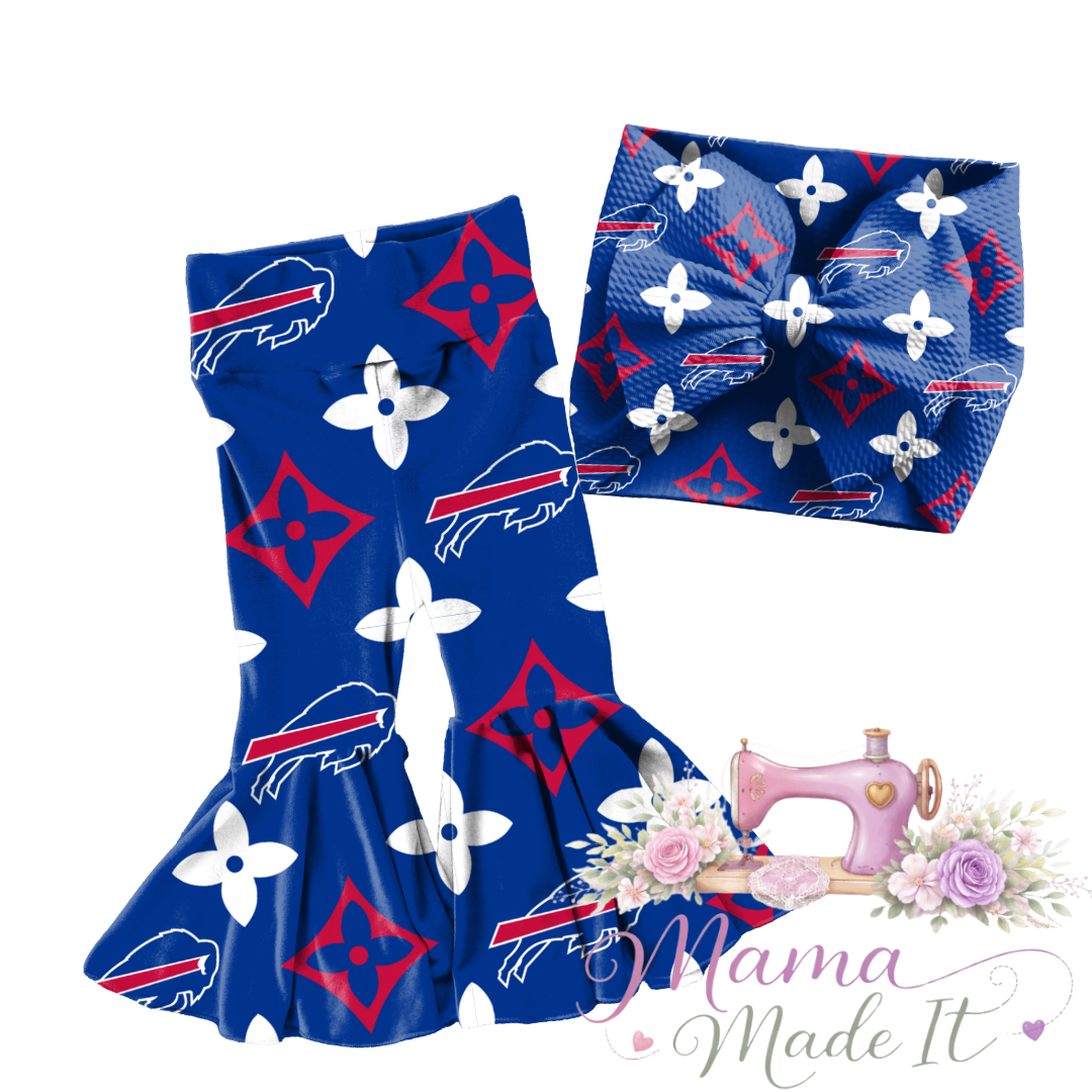 Buffalo Bills (Blue) baby bummies, skirt, flare pants or headwrap
