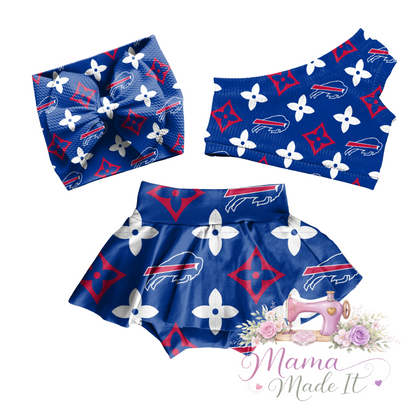 Buffalo Bills (Blue) baby bummies, skirt, flare pants or headwrap