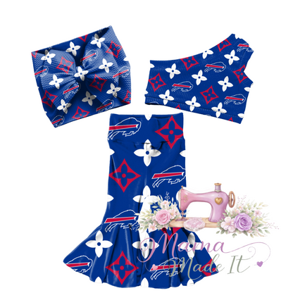 Buffalo Bills (Blue) baby bummies, skirt, flare pants or headwrap