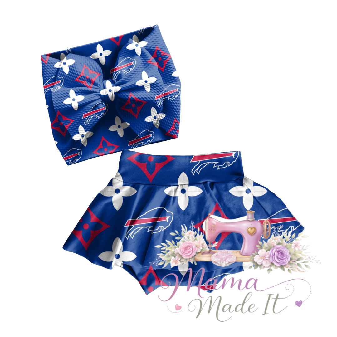 Buffalo Bills (Blue) baby bummies, skirt, flare pants or headwrap