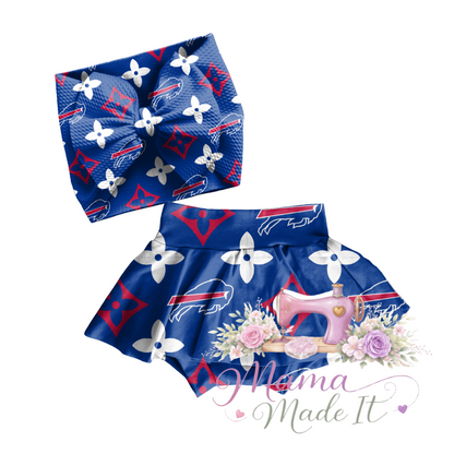 Buffalo Bills (Blue) baby bummies, skirt, flare pants or headwrap
