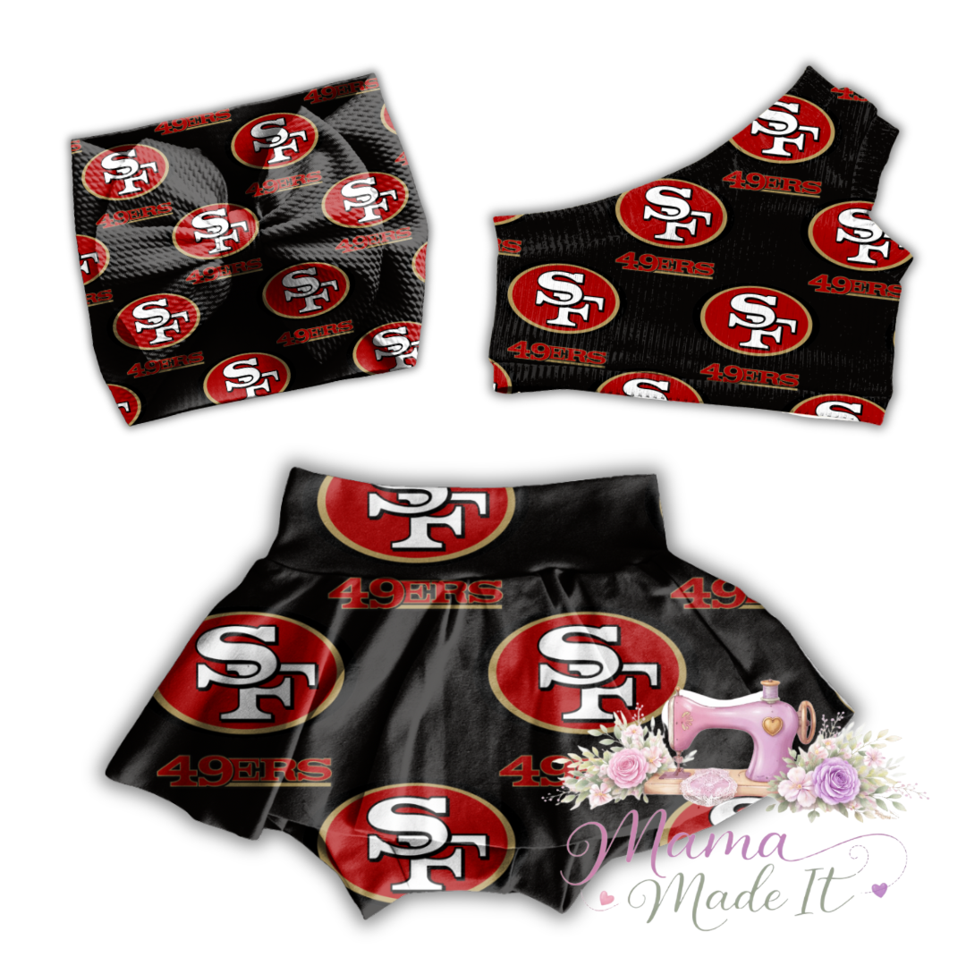 San Francisco (Black) 49ers baby bummies, skirt, Headwrap or flare pants