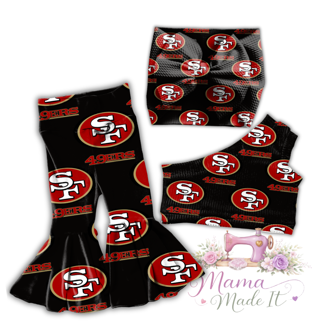 San Francisco (Black) 49ers baby bummies, skirt, Headwrap or flare pants