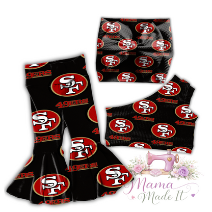 San Francisco (Black) 49ers baby bummies, skirt, Headwrap or flare pants