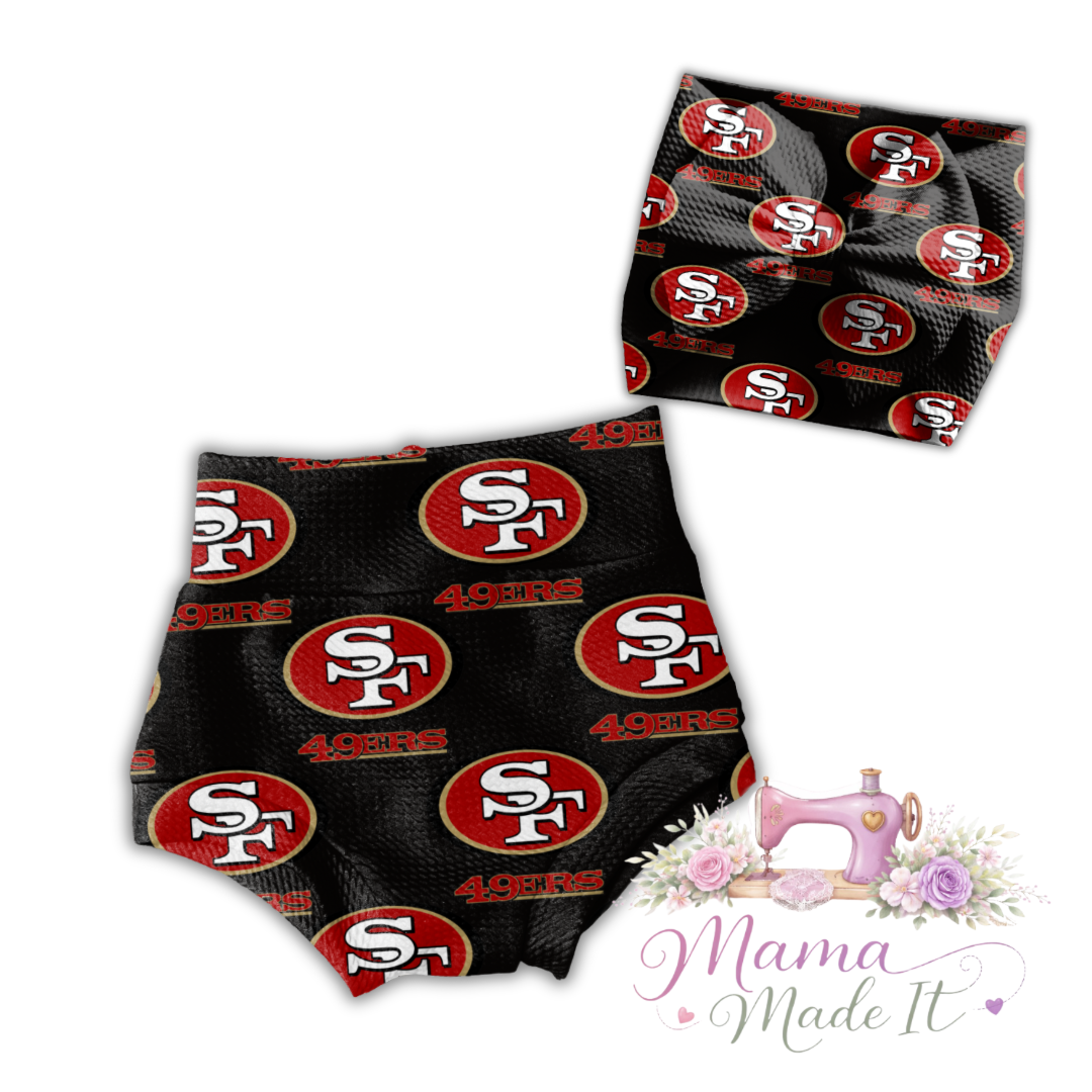 San Francisco (Black) 49ers baby bummies, skirt, Headwrap or flare pants