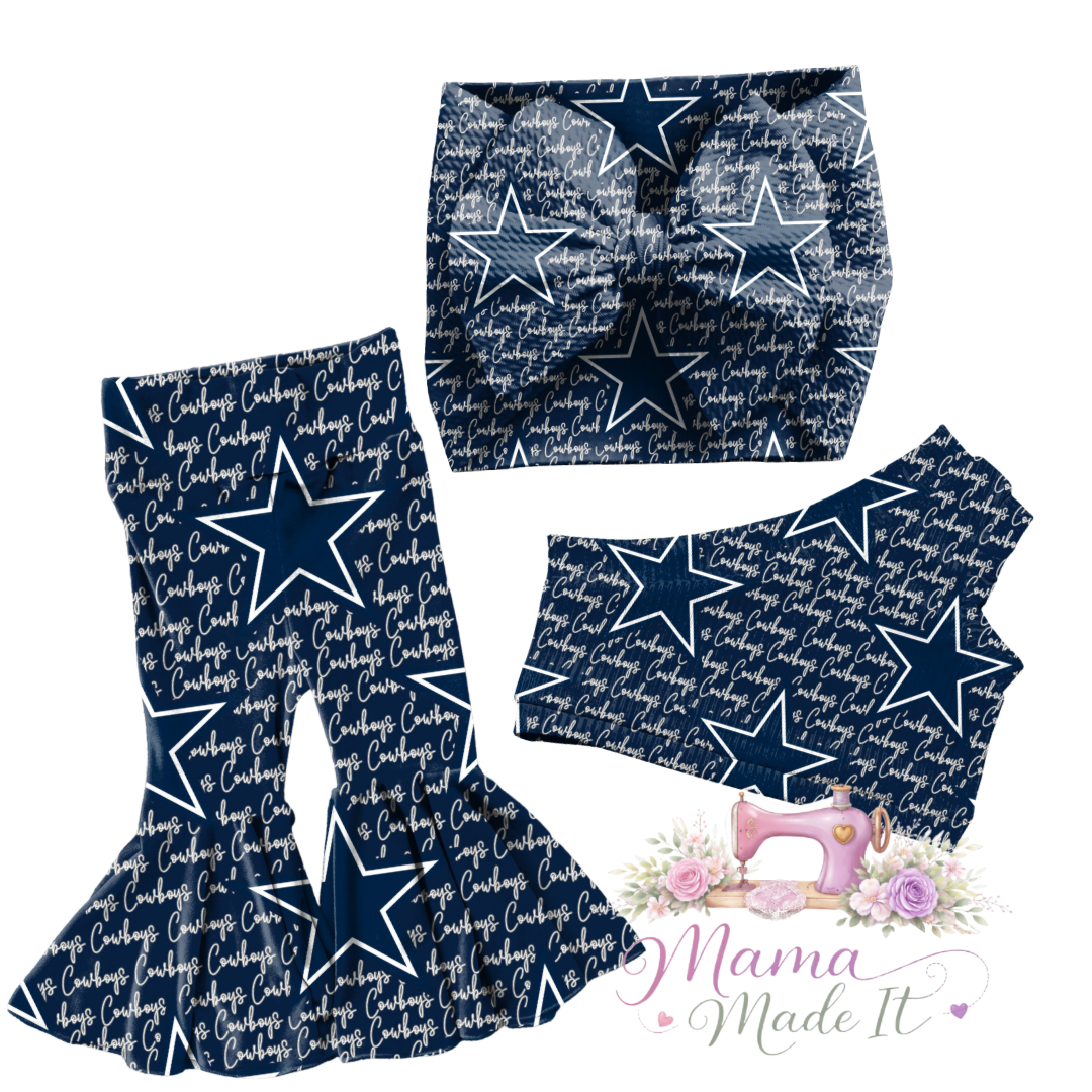 Dallas Cowboys baby bummies, skirt, flare pants or headwrap