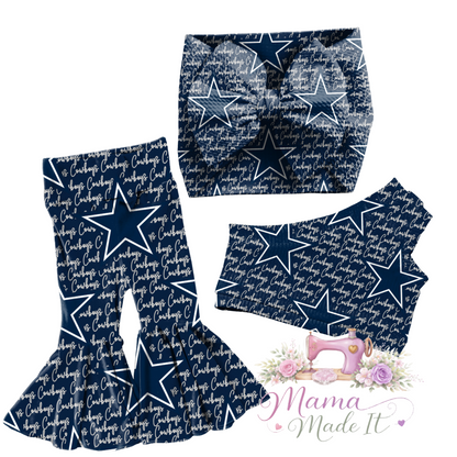 Dallas Cowboys baby bummies, skirt, flare pants or headwrap
