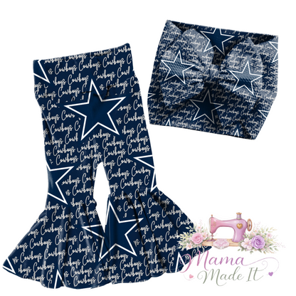 Dallas Cowboys baby bummies, skirt, flare pants or headwrap