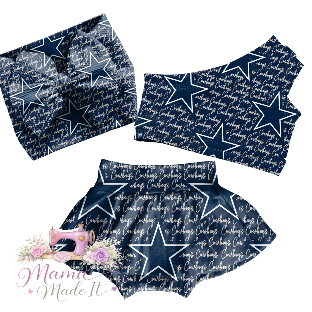 Dallas Cowboys baby bummies, skirt, flare pants or headwrap
