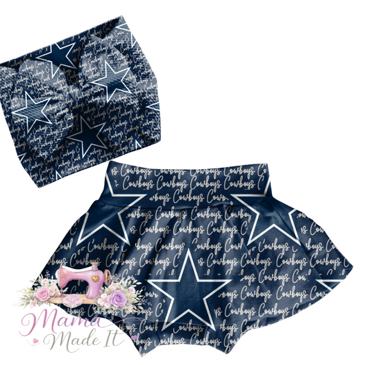 Dallas Cowboys baby bummies, skirt, flare pants or headwrap