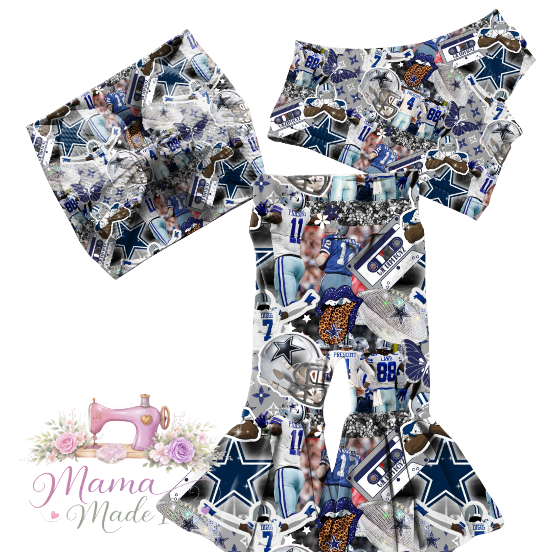 Dallas Cowboys collage baby bummies, skirt, flare pants or headwrap