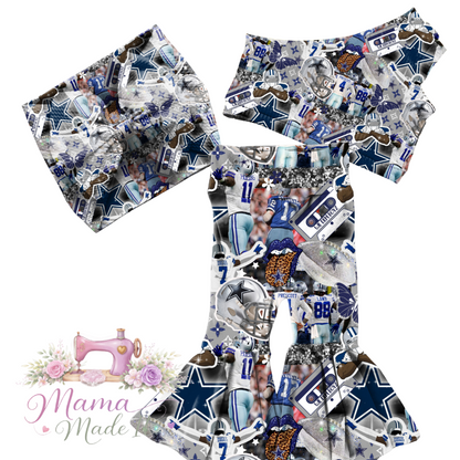 Dallas Cowboys collage baby bummies, skirt, flare pants or headwrap