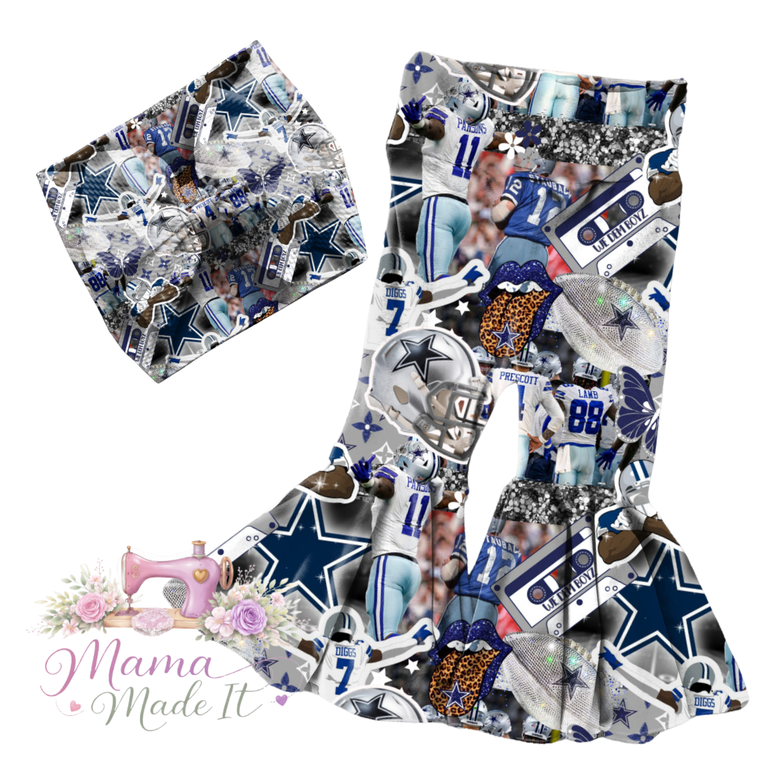 Dallas Cowboys collage baby bummies, skirt, flare pants or headwrap